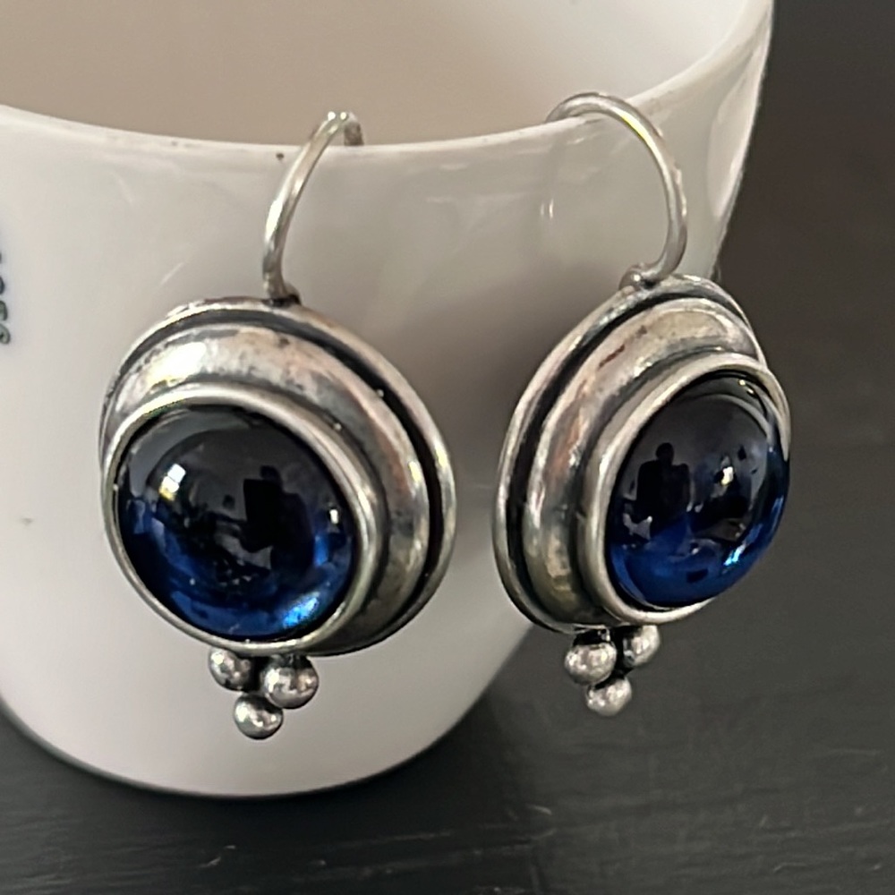 Blue Cabuchon Stone Sterling Silver Earrings